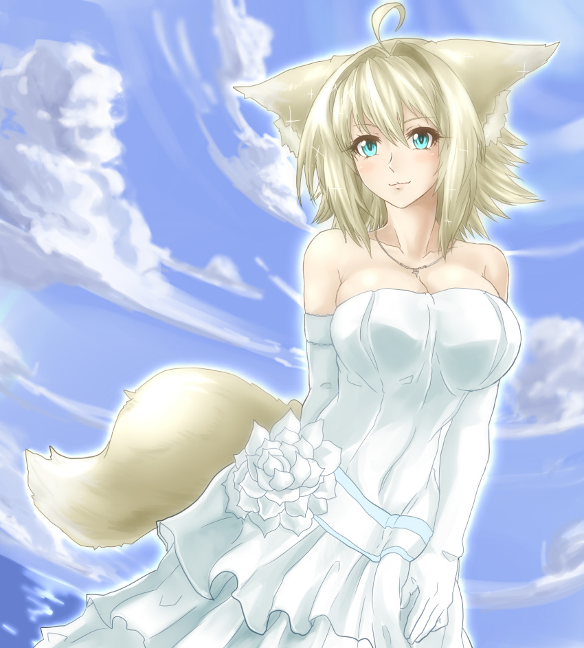 1girl animal_ears bare_shoulders blonde_hair blue_eyes blue_sky breasts cleavage clouds cloudy_sky collarbone dress elbow_gloves flower fox_ears fox_tail gloves hair_intakes highres jewelry large_breasts looking_at_viewer minarai_tenna necklace phantasy_star phantasy_star_online_2 short_hair sky smile solo sparkle tail wedding_dress