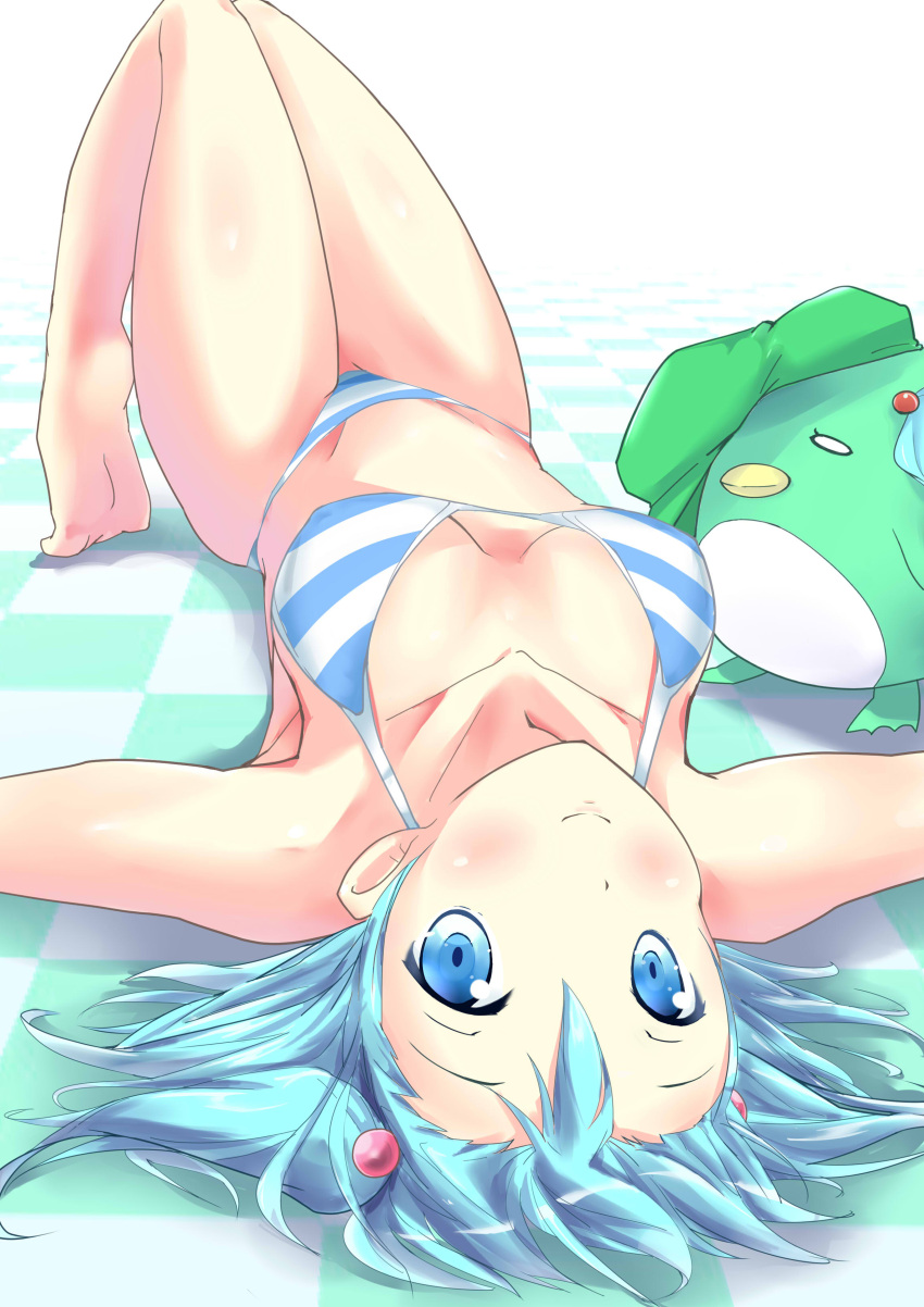absurdres bikini bird blue_eyes blue_hair checkered checkered_floor hair_bobbles hair_ornament hat hat_removed headwear_removed highres kawashiro_nitori looking_at_viewer lying nagisa_(imizogami) penguin short_hair solo striped striped_bikini striped_swimsuit swimsuit tiptoes touhou twintails