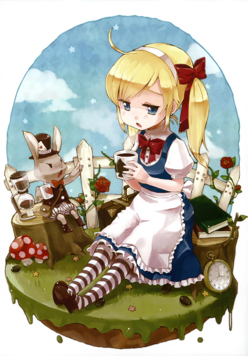 absurdres ahoge alice_(wonderland) alice_in_wonderland animal_ears apron bangs blonde_hair blue_eyes book bow bowtie briefcase bunny bunny_ears candle card checkered checkered_background cloud clouds coffee cup dress earrings fence flower grass hair_bow hair_ornament hair_ribbon hairband hat heart highres jewelry long_hair mary_janes meltdown_comet mug mushroom pantyhose pocket_watch pouch puffy_sleeves rabbit rabbit_ears ribbon rose shoes short_sleeves sitting skirt spade star striped striped_legwear swept_bangs top_hat tree_stump twintails watch white_rabbit yukiu_con yukiu_kon
