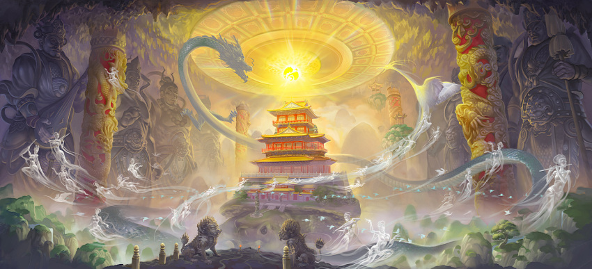 bird castle copyright_request dragon east_asian_architecture eastern_dragon instrument jewelry koto mountain necklace no_humans orb pillar scenery shawl spirit statue temple touhou tree turtle