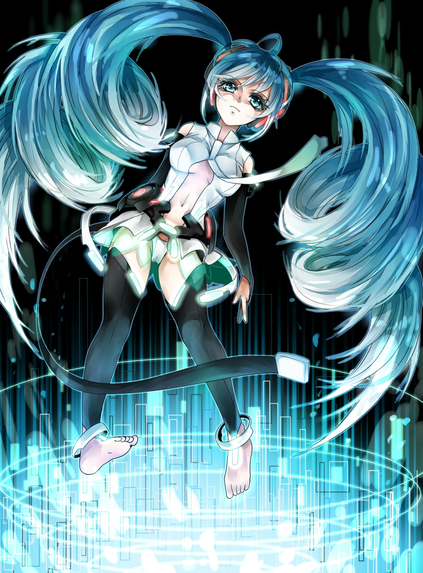 1girl anklet aqua_eyes aqua_hair barefoot bridal_gauntlets center_opening hatsune_miku highres hona4869 jewelry long_hair miku_append navel necktie solo thighhighs twintails very_long_hair vocaloid vocaloid_append