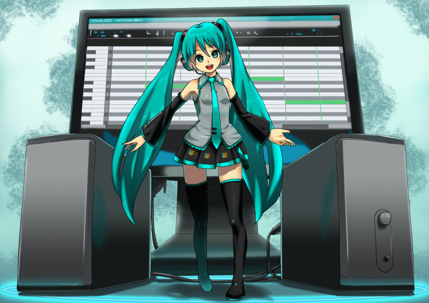 aqua_eyes aqua_hair detached_sleeves hatsune_miku long_hair looking_at_viewer monitor necktie open_mouth pizzadev skirt smile solo thigh-highs thighhighs twintails very_long_hair vocaloid