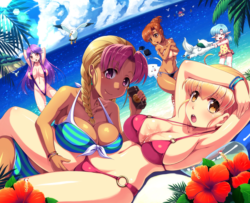 5girls arms_up beach bikini blonde_hair blue_hair braid breast_hold breast_press breasts brown_eyes brown_hair character_request cleavage dog earrings flower flowers fortune_quest hibiscus highres holding jewelry kanisaka long_hair looking_at_viewer lotion multiple_girls o-ring_bikini ocean oil pastel_(fortune_quest) purple_eyes purple_hair red_eyes rumy_(fortune_quest) shiro_(fortune_quest) simple_background single_braid sling_bikini smile striped striped_bikini striped_swimsuit swimsuit tan twin_braids water yellow_eyes yuri