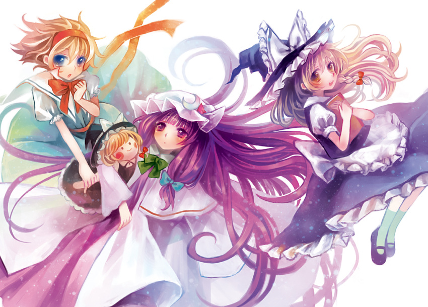 alice_margatroid apron blonde_hair blue_eyes blush book bow braid capelet crescent doll hair_bow hairband hat kirisame_marisa long_hair mary_janes multiple_girls open_mouth patchouli_knowledge puffy_sleeves purple_eyes purple_hair shoes short_hair short_sleeves side_braid single_braid touhou very_long_hair violet_eyes white_background witch_hat yutsuka_(amyucca)