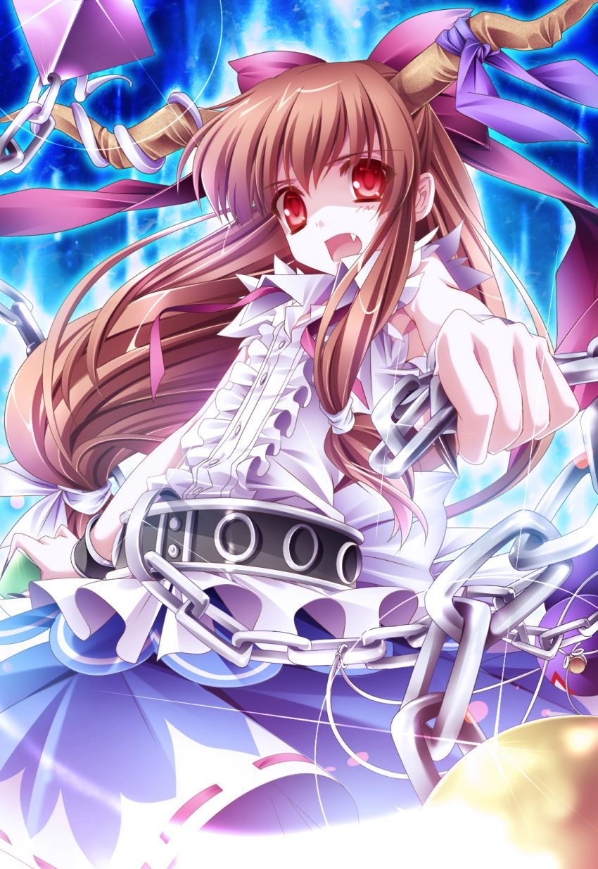 aura brown_hair chain chains fang gourd highres holding horns ibuki_suika long_hair moneti_(daifuku) open_mouth outstretched_arm red_eyes solo touhou