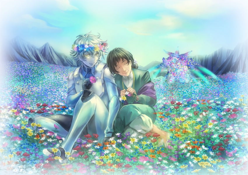 1boy 1girl black_hair flower flower_field gundam gundam_00 gundam_00_a_wakening_of_the_trailblazer head_wreath long_hair marina_ismail old_woman pilot_suit ris setsuna_f_seiei silver_hair yellow_eyes