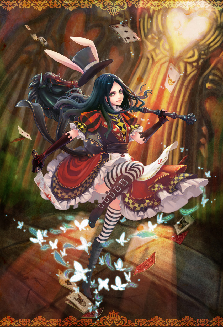 alice:_madness_returns alice_(wonderland) alice_in_wonderland american_mcgee's_alice animal_ears black_hair boots bunny_ears card dress fake_animal_ears hat heart highres holding holding_knife knife leaf long_hair looking_at_viewer playing_card rabbit_ears solo striped striped_legwear teddy_yang thigh-highs thighhighs