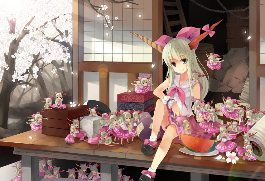 ascot blonde_hair blue_eyes chain chains closed_eyes eyes_closed fang food fruit highres holding horn_bow horns ibuki_suika minigirl open_mouth sitting smile tot_(zhxto) touhou watermelon wink wrist_cuffs