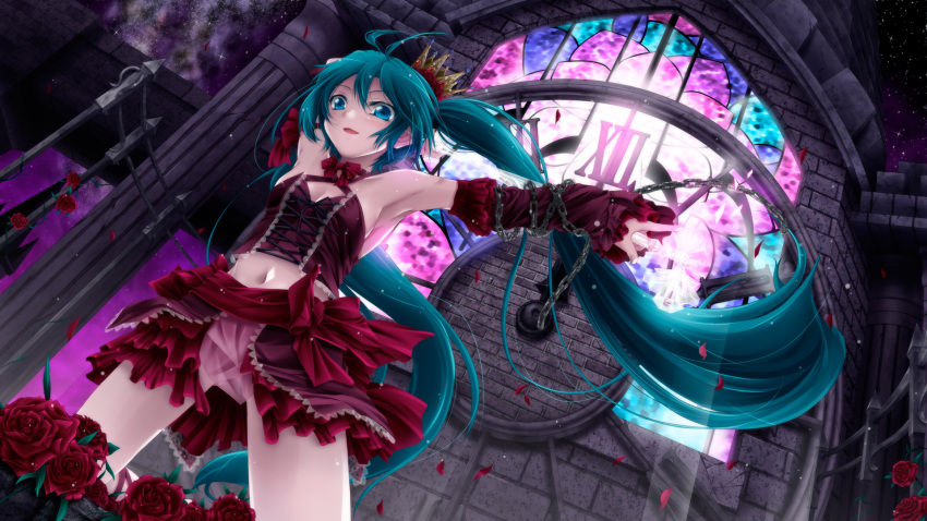 aqua_eyes aqua_hair armpits blue_eyes bow breasts bustier chain chains cleavage clock clock_tower crown detached_sleeves fence flower hatsune_miku highres long_hair looking_at_viewer midriff navel project_diva project_diva_2nd romeo_to_cinderella_(vocaloid) rose skirt smile solo tower tsukineko twintails very_long_hair vocaloid