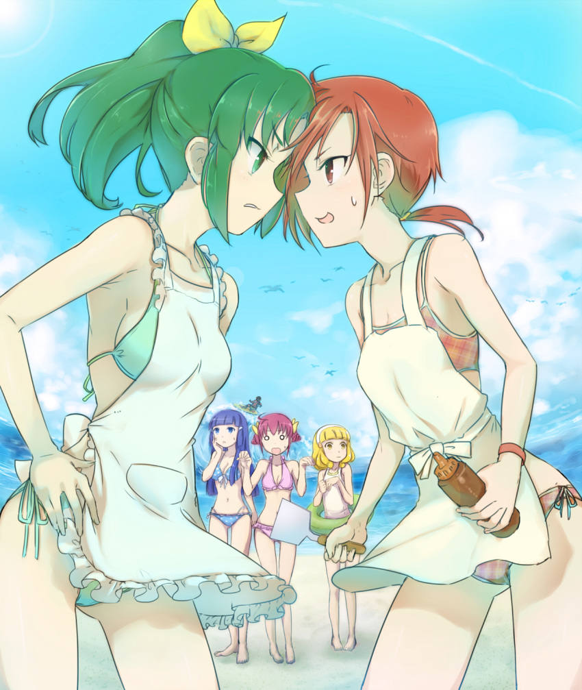 5girls aoki_reika apron beach bikini blonde_hair blue_eyes blue_hair blush bottle faceoff green_eyes green_hair hairband hand_on_hip highres hino_akane holding hoshizora_miyuki innertube kise_yayoi long_hair midorikawa_nao minazuki_randoseru multiple_girls o_o pink_hair plaid plaid_bikini polka_dot polka_dot_bikini polka_dot_swimsuit ponytail precure red_eyes red_hair redhead sauce short_hair short_ponytail smile_precure! spatula squeeze_bottle surfboard swimsuit yellow_eyes