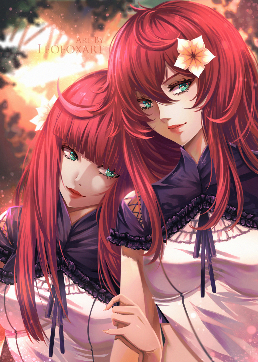 2girls absurdres artist_name bangs blunt_bangs breasts commentary devola dress flower green_eyes hair_between_eyes hair_flower hair_ornament highres holding_another's_arm leaning_on_person leofoxart long_hair medium_breasts multiple_girls nier_(series) nier_automata popola portuguese_commentary redhead siblings sisters sleeveless tree twins upper_body