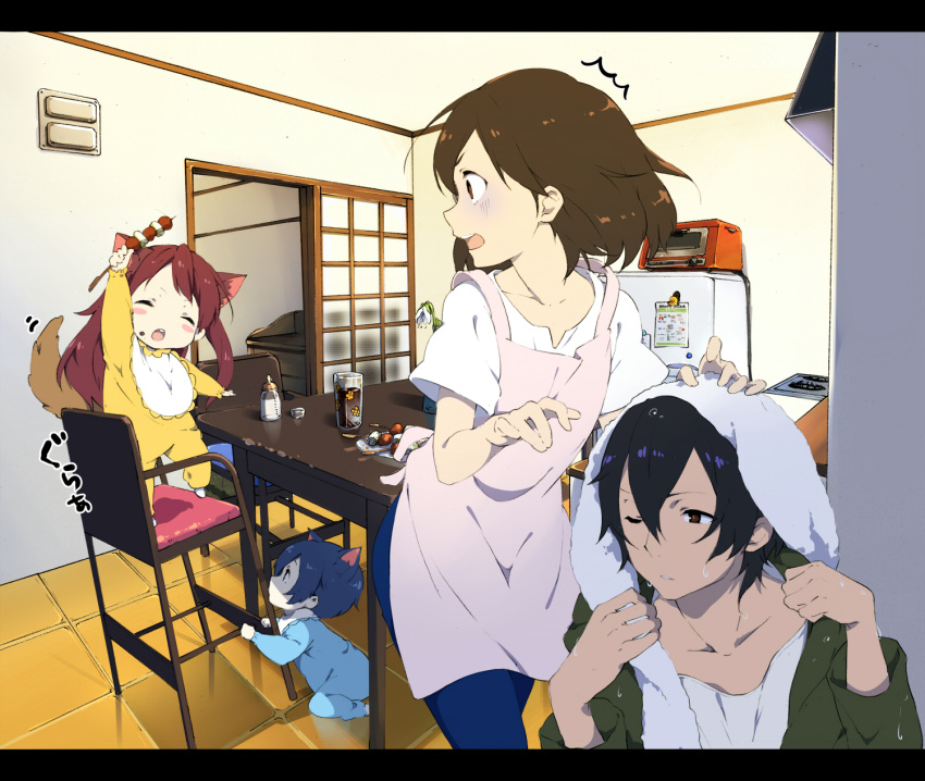 1boy 3girls :d :o ^_^ ame_(ookami_kodomo) animal_ears apron black_hair blue_hair blush_stickers brown_eyes brown_hair chair child closed_eyes eyes_closed family food food_on_face hana_(ookami_kodomo) high_chair highres holding jumper letterboxed multiple_girls ookami_kodomo_no_ame_to_yuki ookami_otoko open_mouth sama short_hair smile standing tail towel twintails wet wink young yuki_(ookami_kodomo)