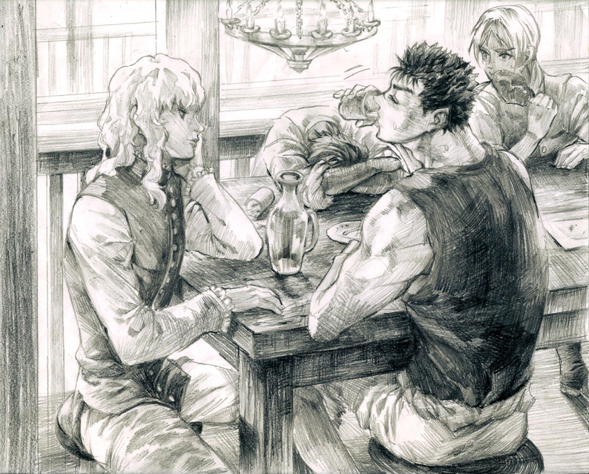 4boys berserk black_hair corkus drinking eating food glass graphite_(medium) griffith guts judeau kkuwa long_hair meat monochrome multiple_boys ponytail short_hair sketch table traditional_media wavy_hair white_hair