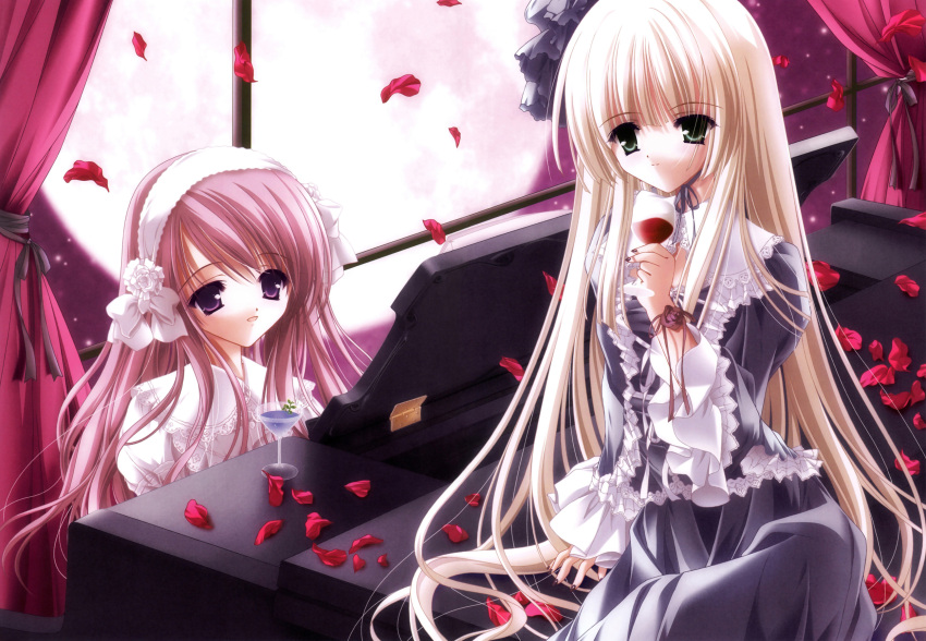 2girls dress goth-loli gothic_lolita lolita_fashion long_hair original petals piano scan tinkerbell tinkle
