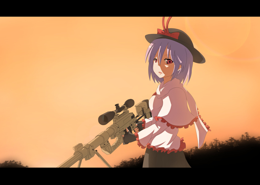 anime_coloring bolt_action bow cheytac_m200 finger_on_trigger fingerless_gloves frills gloves gun hat hat_bow highres kamiya_suzume letterboxed looking_at_viewer nagae_iku purple_hair red_eyes rifle short_hair sky sniper sniper_rifle solo standing sunset touhou weapon