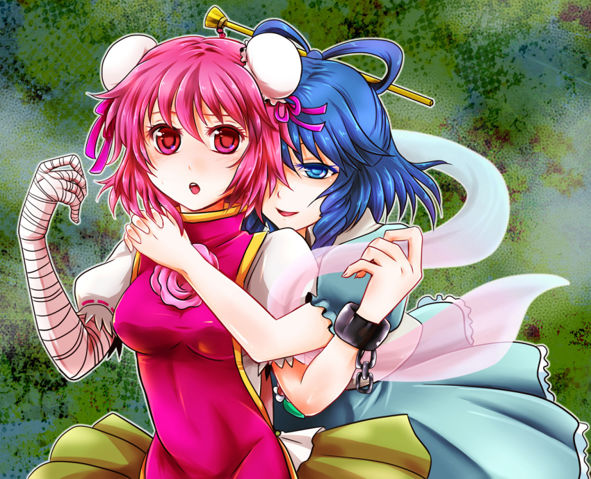 2girls amputee artist_request blue_eyes blue_hair blush chinese_clothes double_bun dress flower gasp hifumi_(qpher) highres hug hug_from_behind ibaraki_kasen kaku_seiga multiple_girls pink_eyes pink_hair rose shackle shawl short_hair skirt tabard touhou