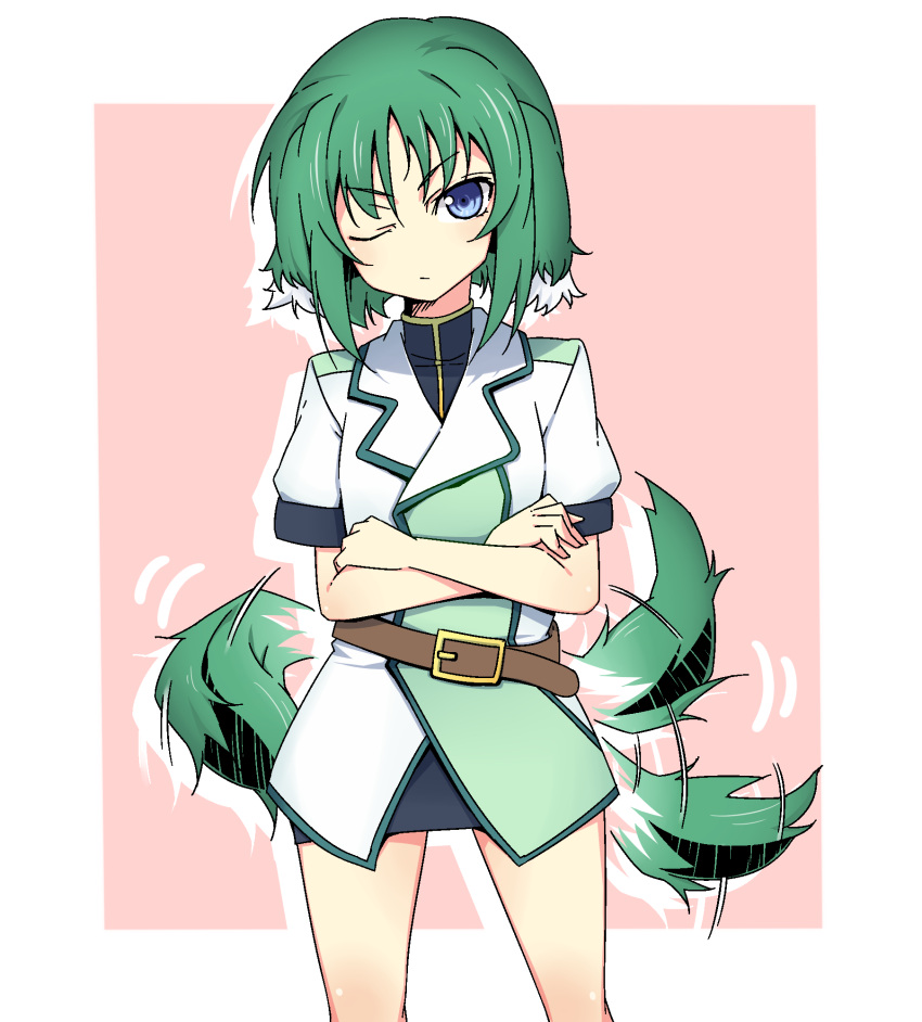 animal_ears belt blue_eyes crossed_arms dog_days dog_ears dog_tail eclair_martinozzi green_hair highres short_hair solo tail tail_wagging touryou tsundere wink