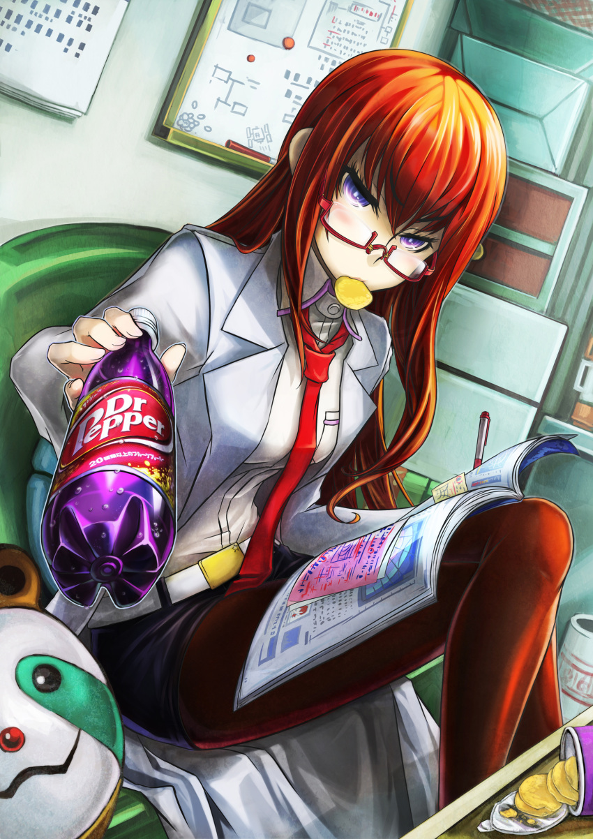 absurdres book couch dr_pepper eating glasses highres labcoat lavender_eyes legwear_under_shorts long_hair makise_kurisu necktie pantyhose pen potato_chips red_hair redhead shorts sitting solo steins;gate thigh-highs thighhighs todee whiteboard