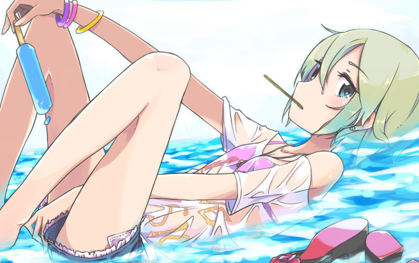 bangle blue_eyes blush bracelet green_hair holding idolmaster idolmaster_cinderella_girls jewelry long_hair looking_at_viewer lying mouth_hold off_shoulder on_back partially_submerged popsicle shiomi_shuuko shoes_removed short_hair shorts solo ueshita water wet wet_clothes