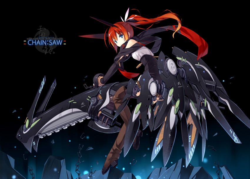 1girl armor blue_eyes boots chainsaw elbow_gloves english gloves mecha_musume mechagirl original poko red_hair redhead thigh-highs thigh_boots thighhighs weapon