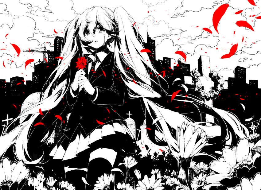 absurdly_long_hair cityscape cross flower graveyard hatsune_miku holding holding_flower long_hair monochrome petals rella saihate_(vocaloid) skirt solo spot_color tears thigh-highs thighhighs tombstone twintails very_long_hair vocaloid zettai_ryouiki