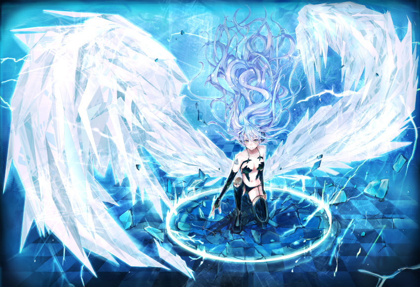 absurdres bad_id black_legwear blue_eyes breasts checkered checkered_floor detached_sleeves garter_straps highres ice ice_wings large_wings long_hair navel original solo soramu sparks thigh-highs thighhighs very_long_hair wings