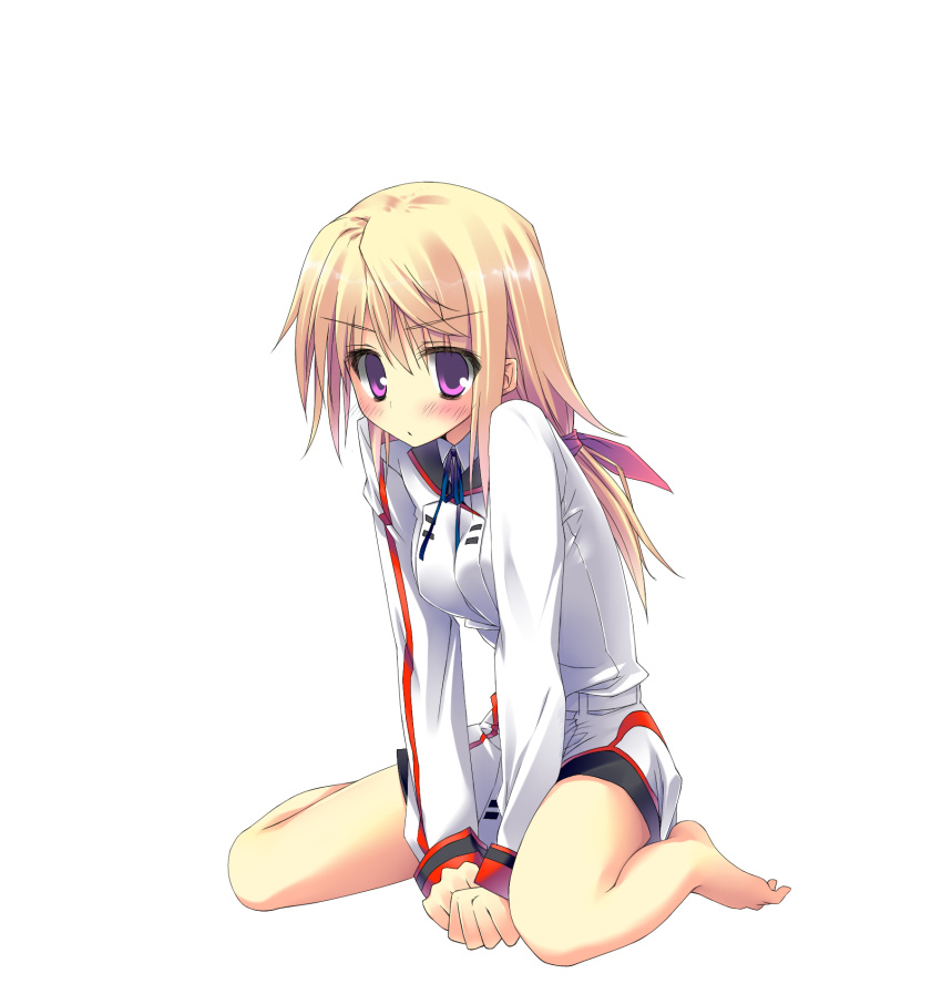 barefoot blonde_hair blush charlotte_dunois highres infinite_stratos ite_fuji long_hair purple_eyes school_uniform simple_background sitting solo v_arms violet_eyes wariza white_background