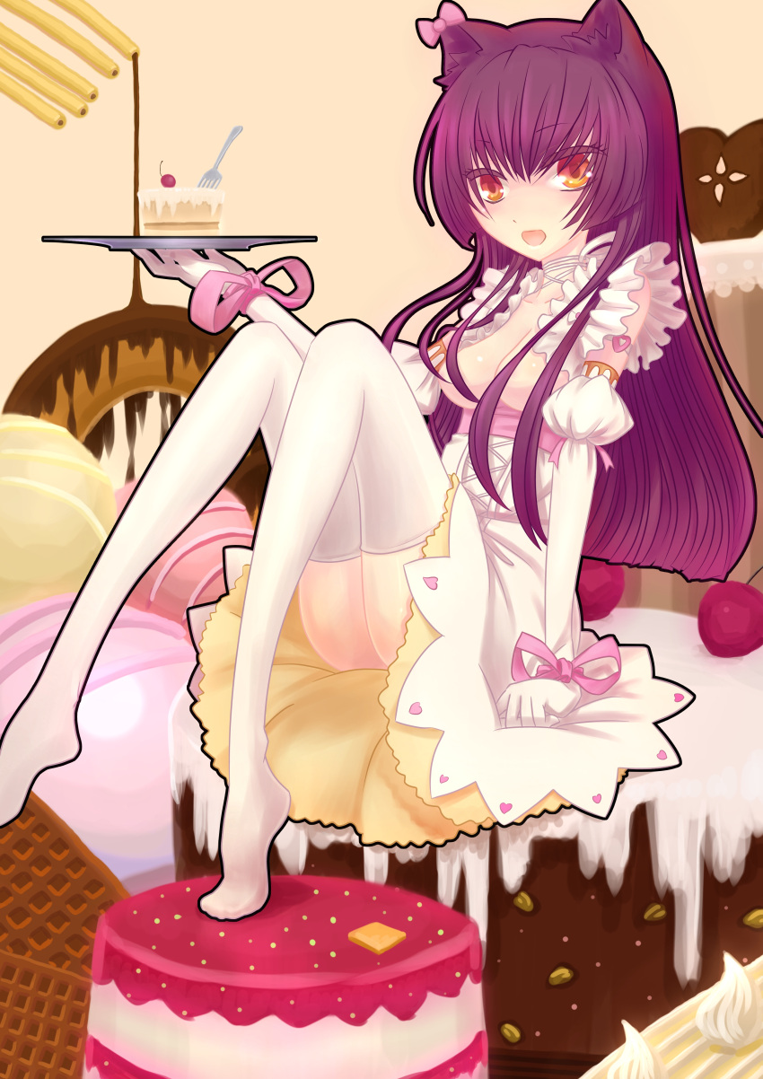 absurdres animal_ears blush breastless_clothes cake cat_ears censor_hair dress elbow_gloves food gloves go_sai_(475789336) highres kemonomimi_mode long_hair open_mouth orange_eyes original panties pantyshot pantyshot_(sitting) personification purple_hair sitting solo thigh-highs thighhighs underwear white_legwear