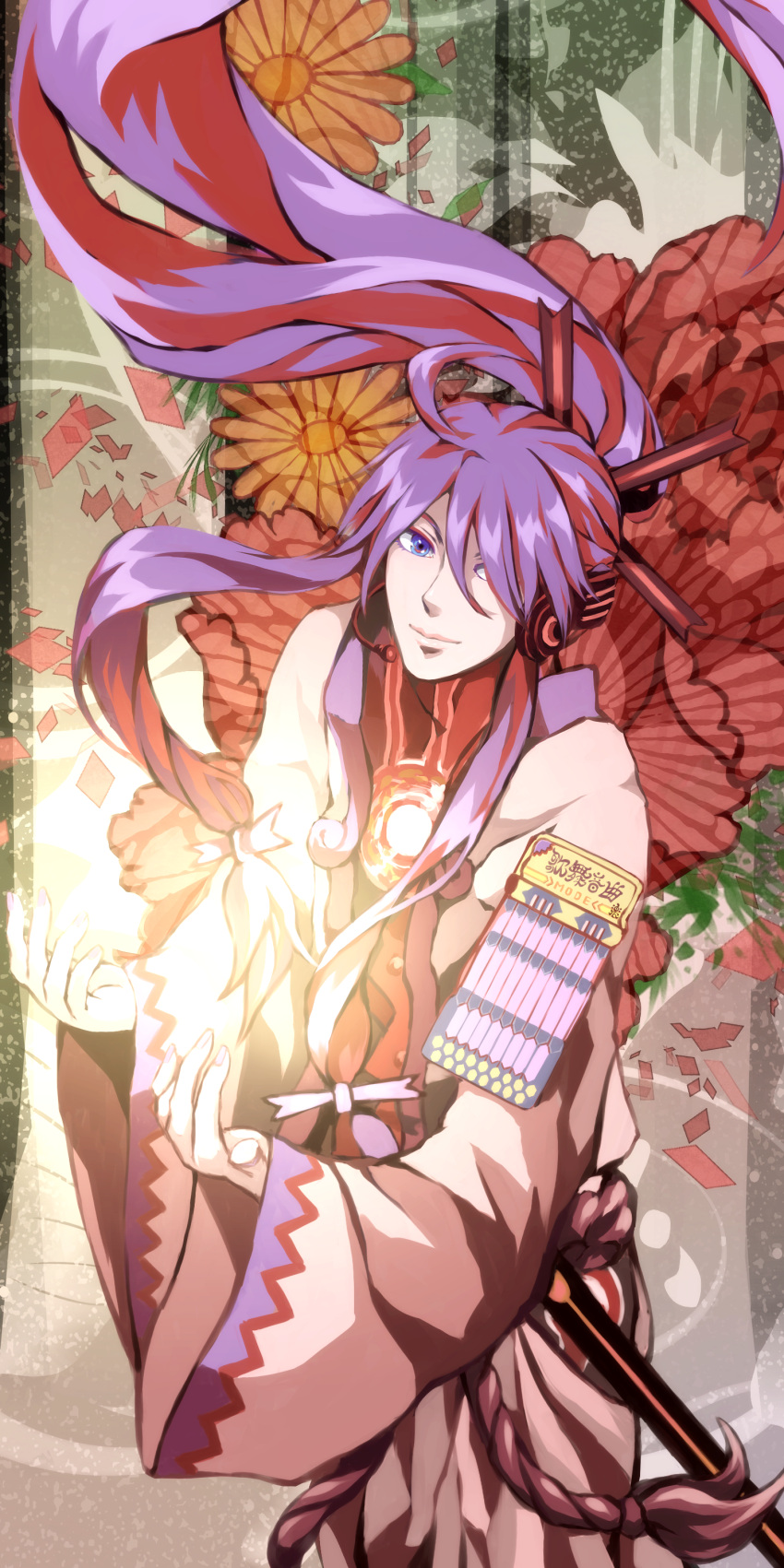 absurdres adapted_clothes blue_eyes flower headset highres japanese_clothes kamui_gakupo long_hair long_image male minudo multicolored_hair ponytail smile solo tall_image two-tone_hair vocaloid