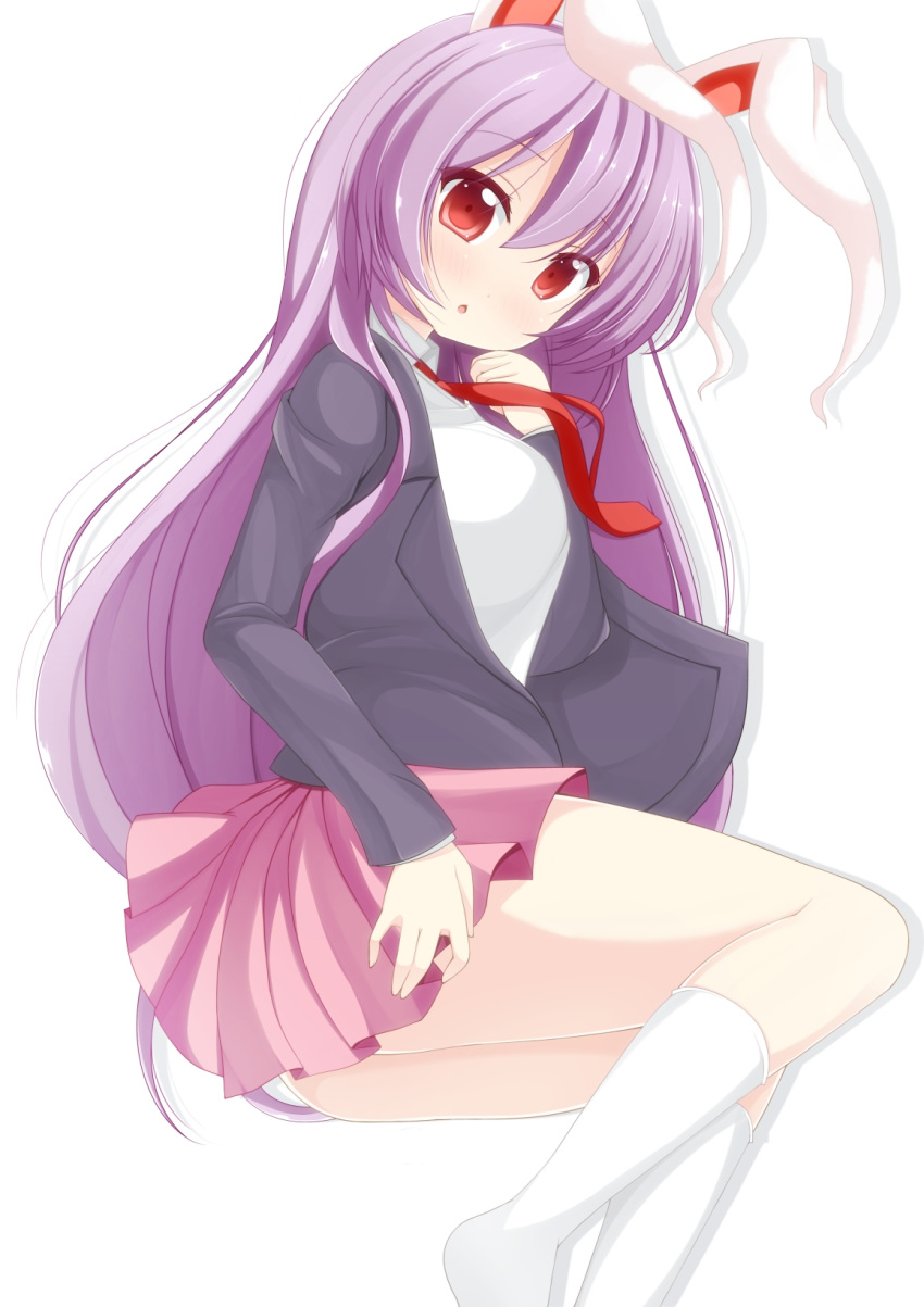:o animal_ears bunny_ears chimunge highres long_hair necktie purple_hair rabbit_ears red_eyes reisen_udongein_inaba simple_background skirt socks solo touhou white_background