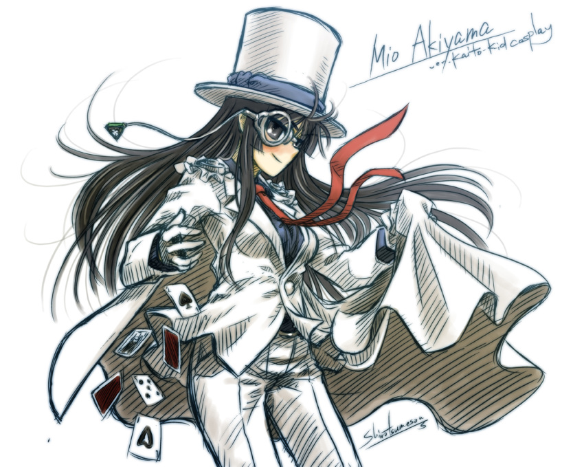 akiyama_mio black_hair cape card cosplay detective_conan formal gloves hat hime_cut k-on! kaito_kid kaito_kid_(cosplay) long_hair meitantei_conan monocle ryou_(shirotsumesou) solo suit top_hat white_gloves