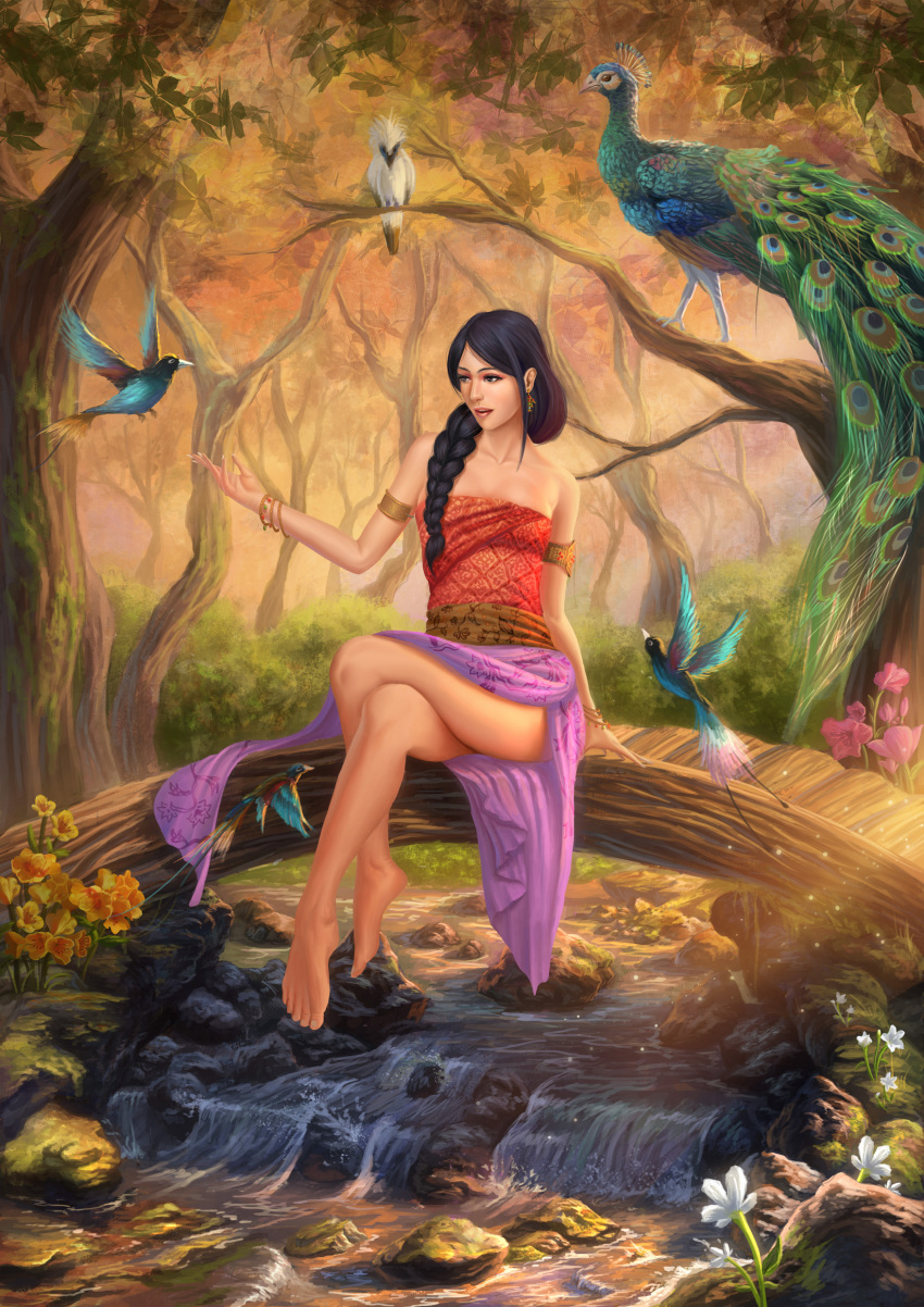 1girl absurdres armlet bare_legs barefoot bird black_hair bracelet braid branch crossed_legs earrings feet flower forest hair_ornament hands highres indonesia jewelry legs_crossed long_hair nail nature original peacock river rock sash sitting skirt tied_hair traditional_clothes water