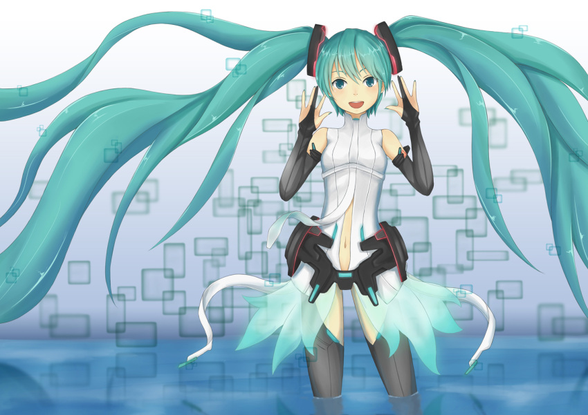 aqua_eyes aqua_hair bad_id bridal_gauntlets hatsune_miku hatsune_miku_(append) long_hair miku_append navel smile solo twintails very_long_hair vocaloid vocaloid_append wading willgoon