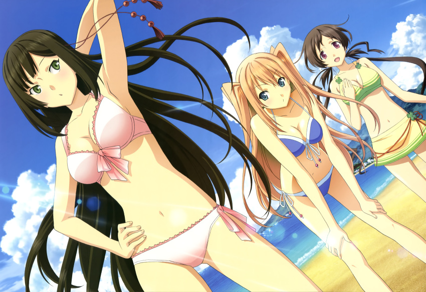 absurdres aomi_isara arm_behind_head beach bent_over bikini bikini_skirt black_hair blue_eyes breasts brown_hair cleavage cloud clouds dutch_angle green_eyes hand_on_hip hands_on_knees highres hips koi_to_senkyo_to_chocolate leaning_forward long_hair multiple_girls navel nyantype ocean official_art open_mouth red_eyes shinonome_satsuki side-tie_bikini sky sumiyoshi_chisato swimsuit twintails two_side_up very_long_hair water