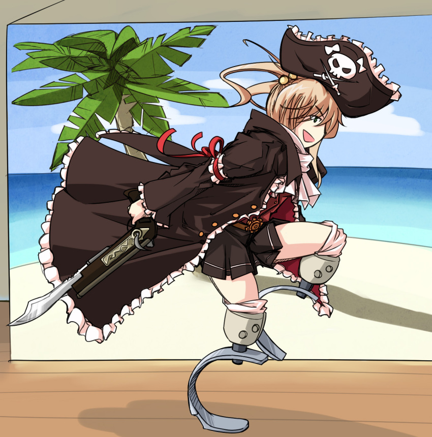 1girl brown_hair captain_liliana captain_liliana_(cosplay) cosplay cyzir_visheen green_eyes gunblade hair_bobbles hair_ornament hat ibarazaki_emi jolly_roger katawa_shoujo long_coat pirate_hat pleated_skirt prosthesis queen's_blade queen's_blade skirt skull_and_crossed_swords solo twintails weapon
