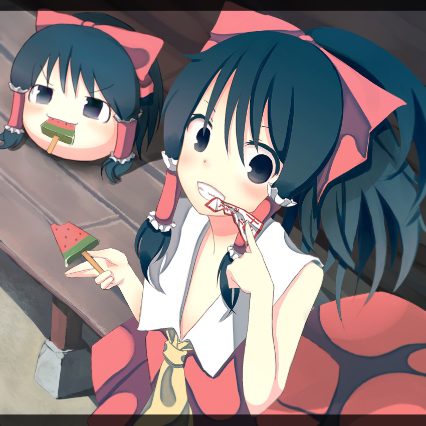 ascot black_eyes black_hair blush bow eating food fruit grin hair_bow hair_tubes hakurei_reimu highres ofuda ponytail short_hair sin_(artist) sleeveless smile solo touhou watermelon yukkuri_shiteitte_ne