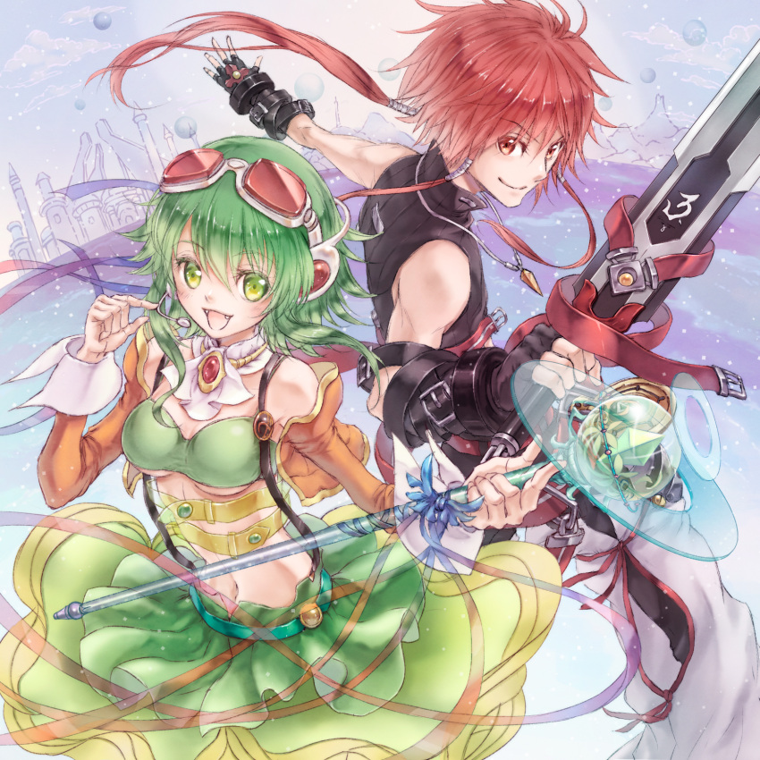 1girl belt breasts cravat crossover dress elsword elsword_(character) gloves goggles goggles_on_head green_dress green_eyes green_hair gumi headphones highres lira_mist pants red_eyes red_hair redhead shoes short_hair skirt smile spiked_hair spiky_hair sword under_boob underboob vocaloid wand weapon