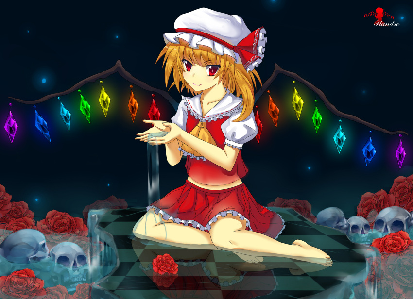 absurdres character_name collarbone crystal fang flandre_scarlet flower hat hat_ribbon highres puffy_sleeves red_eyes ribbon rose short_hair short_sleeves side_ponytail skull smile solo touhou tsubasa19900920 water wings