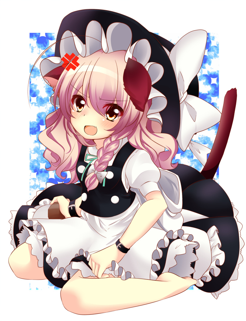alternate_hair_color anger_vein animal_ears apron blush bow braid cat_ears cat_tail fang haruta_(806060) hat hat_bow highres kirisame_marisa open_mouth pink_hair puffy_sleeves short_sleeves side_braid single_braid solo tail touhou witch_hat yellow_eyes