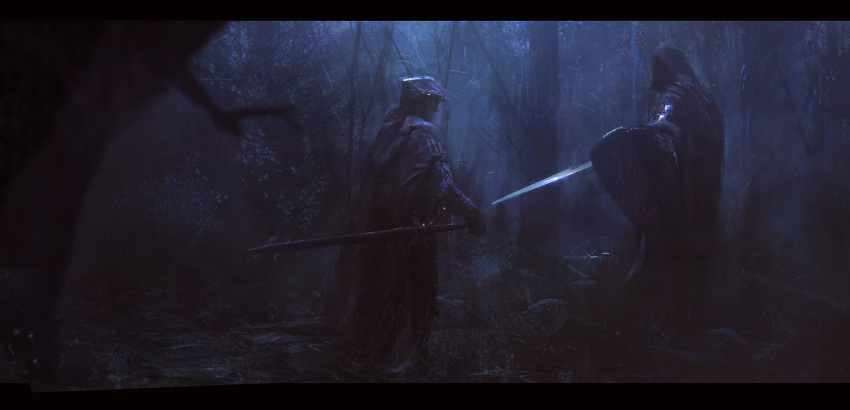 concept_art dark fantasy forest hood levente_peterffy nature original shield sword weapon widescreen