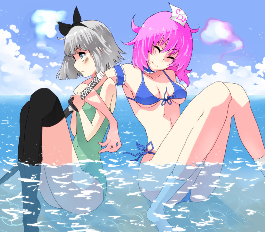 alternate_costume aqua_eyes bikini black_legwear blue_bikini blush breasts choker cleavage closed_eyes cloud clouds collarbone eyes_closed hair_ribbon hitodama jont konpaku_youmu konpaku_youmu_(ghost) legs long_legs multiple_girls ocean one-piece_swimsuit partially_submerged pink_hair ribbon saigyouji_yuyuko short_hair side-tie_bikini silver_hair sky smile swimsuit sword thigh-highs thighhighs thighs touhou triangular_headpiece underboob water weapon