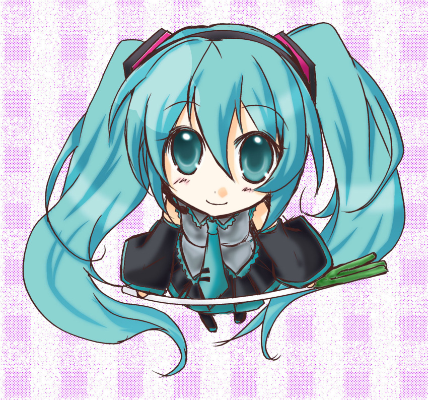 aqua_eyes aqua_hair checkered checkered_background detached_sleeves hatsune_miku headset highres kyonka long_hair looking_up necktie skirt smile solo spring_onion twintails very_long_hair vocaloid