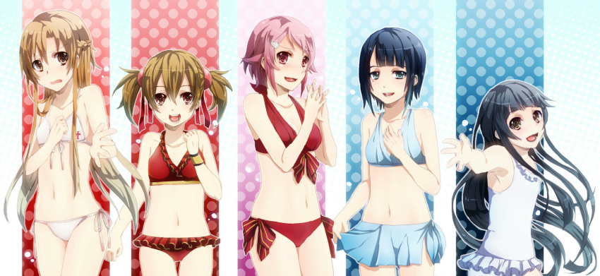 alternate_breast_size asuna_(sao) bikini black_hair blue_bikini blue_eyes blue_hair brown_eyes brown_hair casual_one-piece_swimsuit embarrassed front-tie_top hair_ornament hairclip hands_clasped highres kirito_(tundereyuina) lisbeth long_hair mole multiple_girls navel one-piece_swimsuit outstretched_hand pink_hair red_bikini red_eyes sachi_(sao) short_hair short_twintails side-tie_bikini silica smile swimsuit sword_art_online tundereyuina twintails white_bikini yellow_eyes yui_(sao)