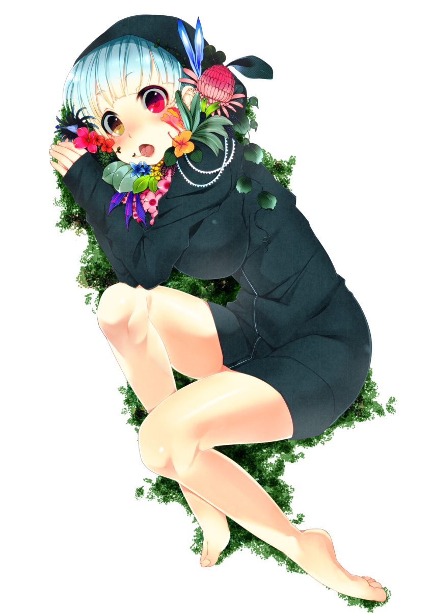 barefoot blue_hair breasts flower heterochromia highres hoodie lying on_side open_mouth original red_eyes short_hair simple_background skull.03 solo tongue white_background yellow_eyes zipper