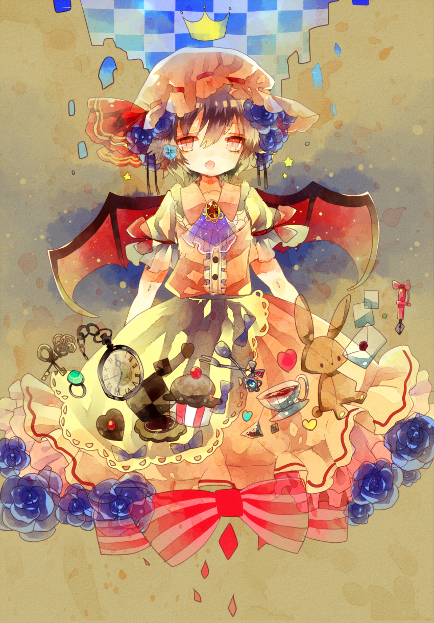 ascot bat_wings biscuit blue_hair blue_rose cha_ichigo checkerboard_cookie cookie crown cup cupcake flower food hair_ornament hat hat_ribbon heart highres jewelry key letter open_mouth pen pocket_watch puffy_sleeves red_eyes remilia_scarlet ribbon ring rose short_hair short_sleeves solo stuffed_animal stuffed_toy tea teacup touhou watch wings