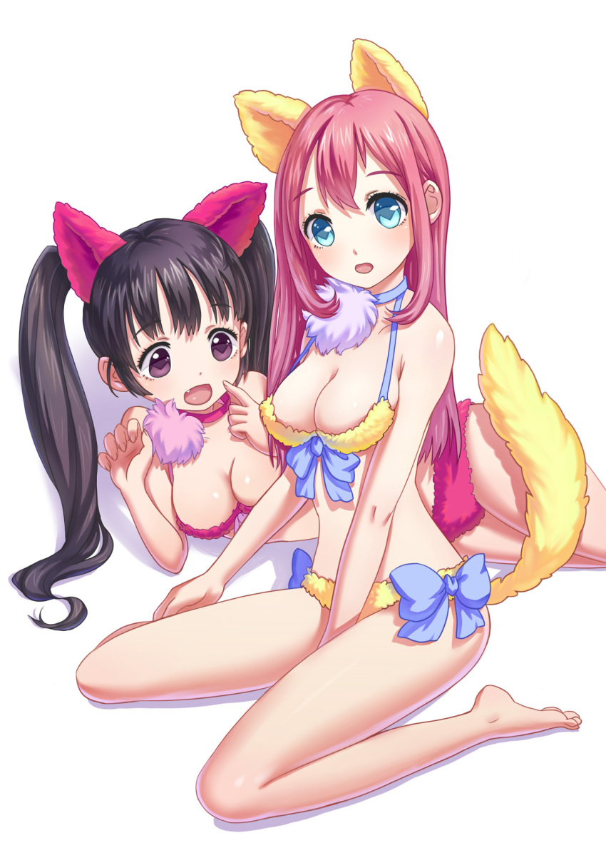 animal_ears aqua_eyes bare_legs bare_shoulders barefoot bikini black_hair blue_eyes breasts choker cleavage fake_animal_ears fake_tail fang fox_ears fox_tail head_tilt highres large_breasts leizhong long_hair lying multiple_girls navel on_side on_stomach open_mouth original pink_hair purple_eyes ribbon simple_background sitting smile strap_gap swimsuit tail twintails violet_eyes wariza white_background