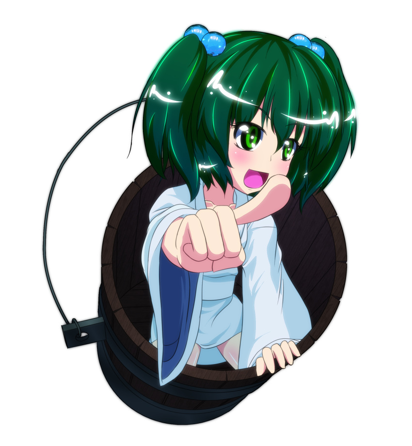 ayuosu blush bucket collarbone green_eyes green_hair hair_bobbles hair_ornament highres in_bucket in_container kisume long_sleeves open_mouth pointing short_hair solo touhou twintails wide_sleeves