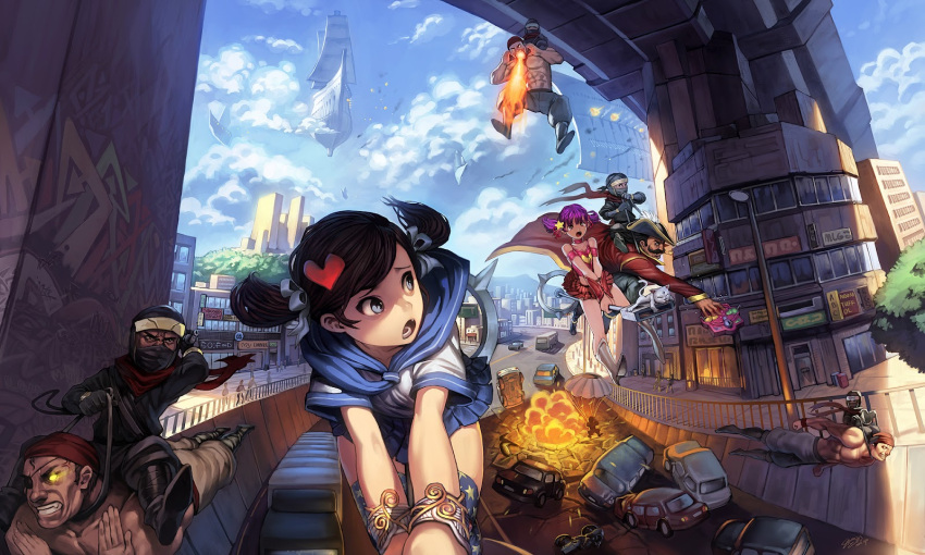 6+boys airship bangs bare_shoulders black_hair blue_eyes blue_sky boots breathing_fire bridge broom broom_riding car cat cloud clouds explosion eyepatch facial_hair fire flying flying_boat glowing glowing_eyes graffiti hat heart heart_shape highres hungry_hungry_hippos intricate_background kiseru magical_girl mask miniskirt motor_vehicle multiple_boys multiple_girls muscle mustache ninja open_mouth original overpass parachute pipe pirate purple_hair riding saejin_oh scarf school_uniform shirtless sitting sitting_on_person skirt sky topless tricorne twintails under_bridge vehicle what
