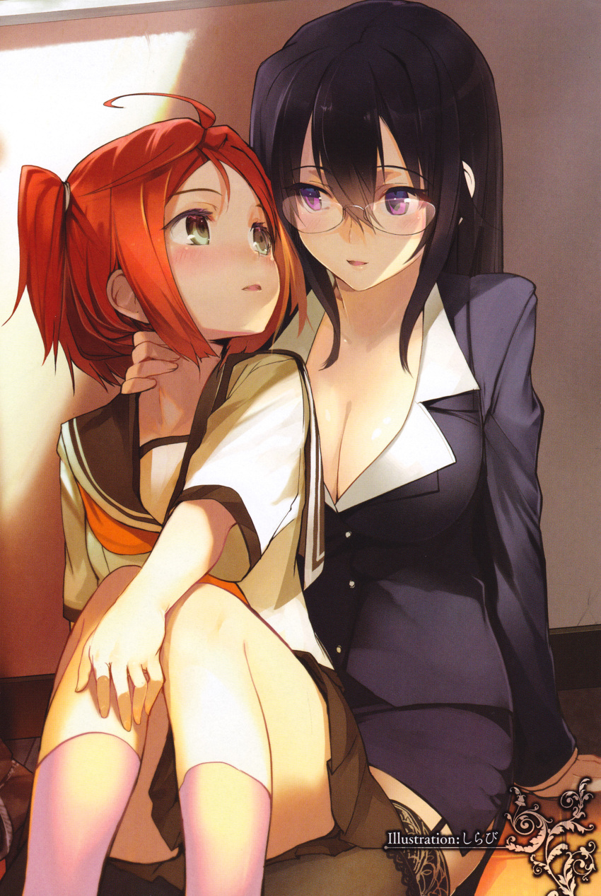 absurdres age_difference ahoge black_hair blush breasts cleavage eye_contact garter_straps glasses green_eyes hand_on_another's_neck hand_on_neck highres large_breasts long_hair looking_at_another multiple_girls orange_hair original purple_eyes red_hair redhead scan school_uniform serafuku shirabi_(life-is-free) short_hair sitting sitting_on_lap sitting_on_person thigh-highs thighhighs twintails violet_eyes wall yuri