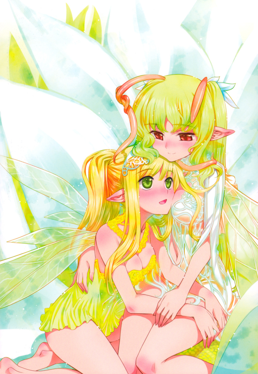 :d absurdres antennae bare_legs blonde_hair blush breasts cleavage fairy fairy_wings green_eyes green_hair highres hug koume_keito light_smile long_hair multiple_girls open_mouth original petals pointy_ears red_eyes scan sitting smile wings yuri